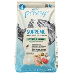 Pramy Supreme Cat food Chicken Fish & Goat Milk สูตร ไก่และปลาทูน่านมแพะ สำหรับแม่และลูกแมว (ชนิดเม็ด) ขนาด 800 g.